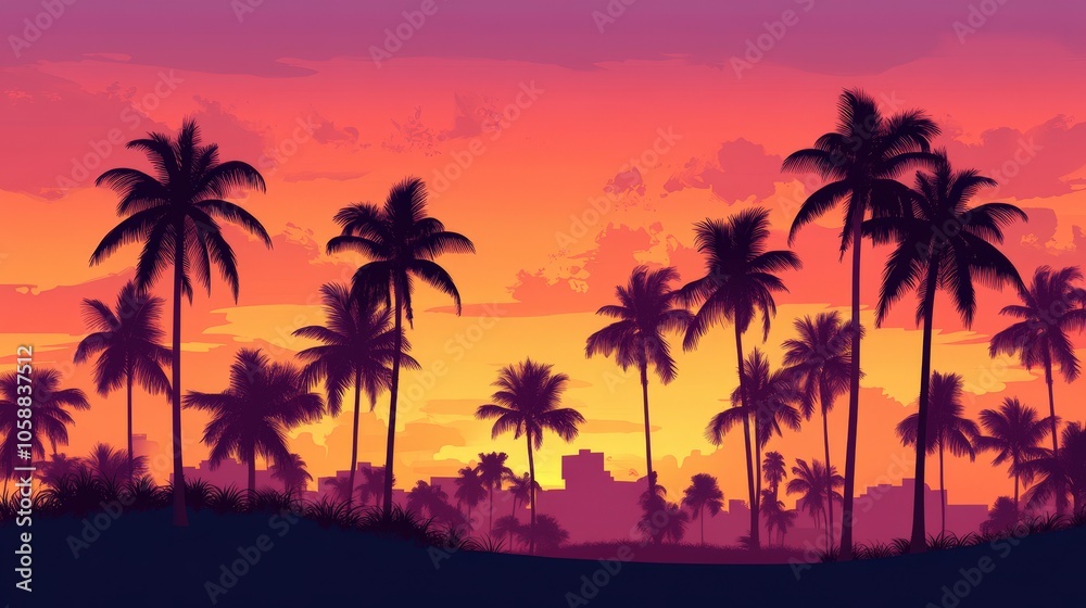 Fototapeta premium Palm Trees Silhouette Tropical Sunset Cityscape Background