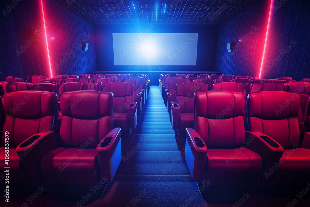 Cinema interior with rows of empty seats and a large screen underneath Cinema interior with rows of empty seats and a large screen underneath