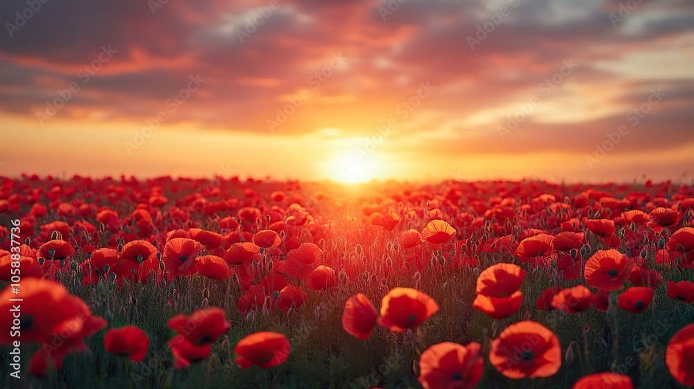 Fototapeta premium Red poppies blooming in wildflower meadow during sunset, ideal for Memorial Day or Armistice Day banners, providing natural background with space for text