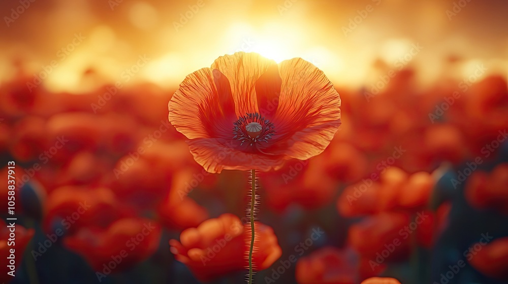 Red poppies blooming in wildflower meadow during sunset, ideal for Memorial Day or Armistice Day banners, providing natural background with space for text Red poppies blooming in wildflower meadow during sunset, ideal for Memorial Day or Armistice Day banners, providing natural background with space for text
