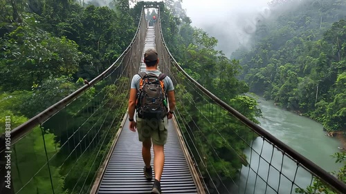 Backpacker adventurer tourist crossing a suspension bridge over a river, misty forest photo