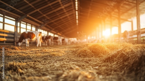 Modern dairy farm interior with hay and golden sunlight through windows, sustainable agriculture and organic farming concept
 photo