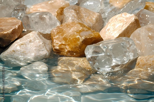 A close-up of smooth, clear and translucent rocks in water with light shining on them. The stones include yellowish rock crystals and white salt. photo