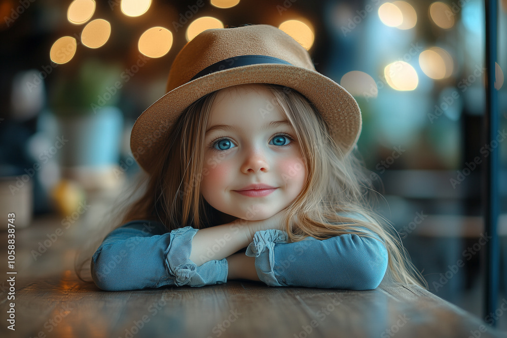 Cute little girl in a hat sitting in a cafe leaning on the table... Cute little girl in a hat sitting in a cafe leaning on the table...