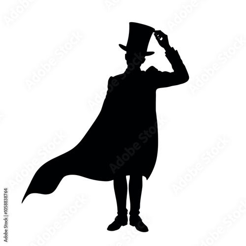 Silhouette of a magician tipping his top hat, standing confidently with one hand holding a wand,