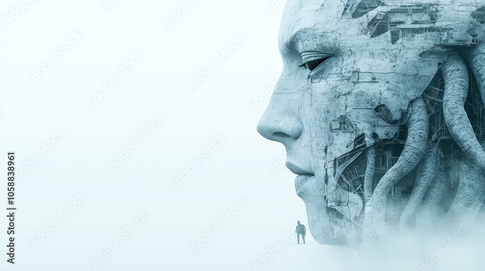 Futuristic Man Gazing at Giant Tentacle Robot Face Futuristic Man Gazing at Giant Tentacle Robot Face