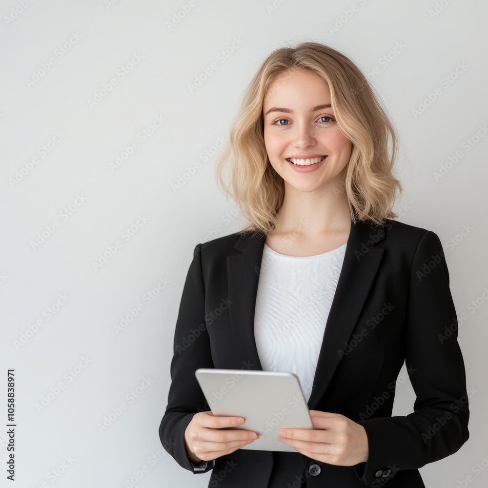 confident businesswoman with radiant smile holding tablet, dressed in black blazer against neutral background. confident businesswoman with radiant smile holding tablet, dressed in black blazer against neutral background.