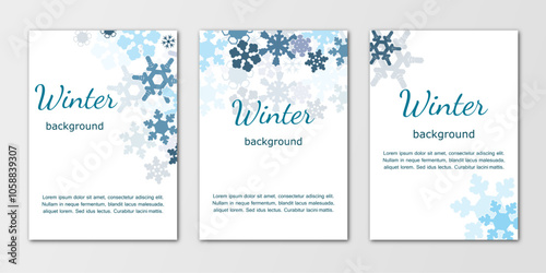 winter background, set of templates design for banner, flyer, card on multilayered backdrop with  snowflakes. elegant vector illustration for invitation, poster, greeting en white and blue tones.