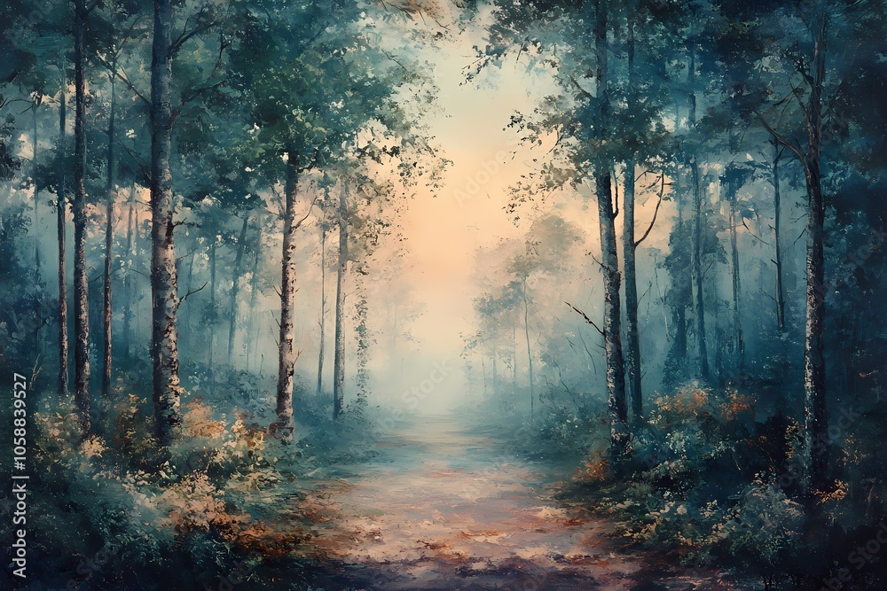 Oil painting of a forest with trees and fog, a path leading to the horizon Oil painting of a forest with trees and fog, a path leading to the horizon