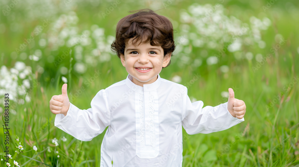enthusiastic child giving thumbs up in spring field enthusiastic child giving thumbs up in spring field