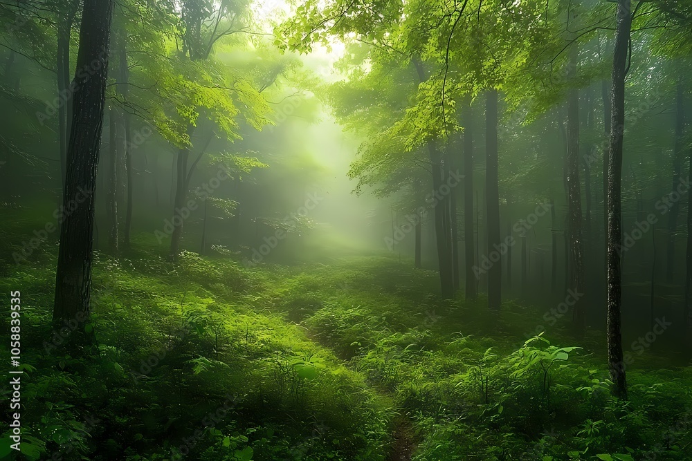 Beautiful green forest with trees and grass, soft light in the background Beautiful green forest with trees and grass, soft light in the background