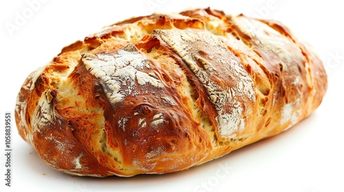 A freshly baked loaf of crusty bread on a white background.