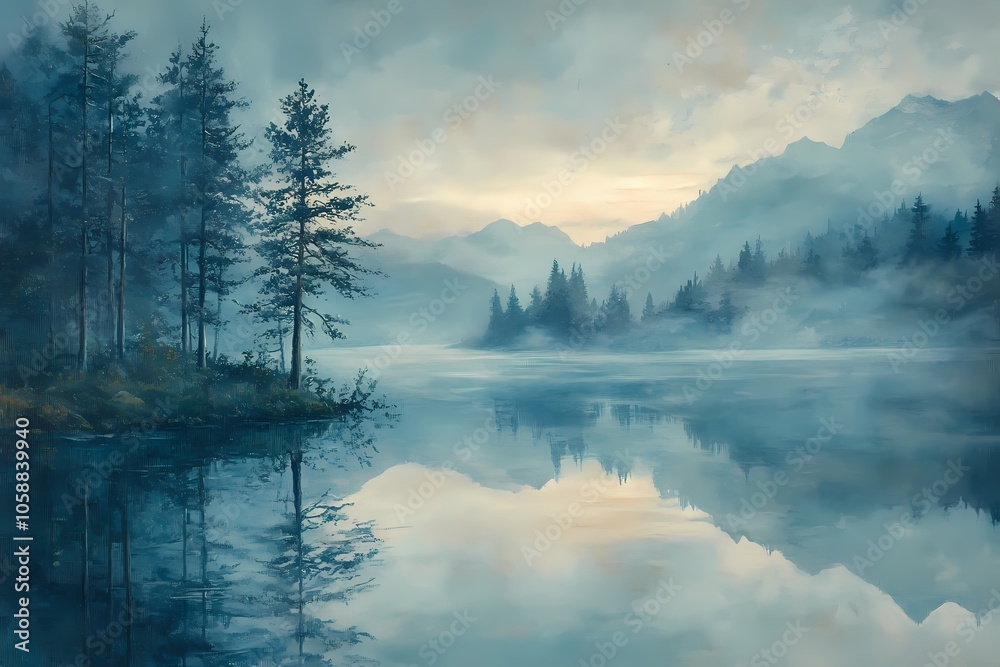 Fototapeta premium An oil painting of misty mountains, pine trees, and a lake with a reflection in the water. The color palette is soft and blue