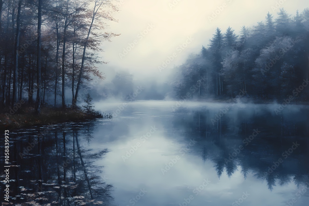 9il painting of a misty lake in a forest, realistic, with blue tones and a foggy, reflective surface on the water. 9il painting of a misty lake in a forest, realistic, with blue tones and a foggy, reflective surface on the water.