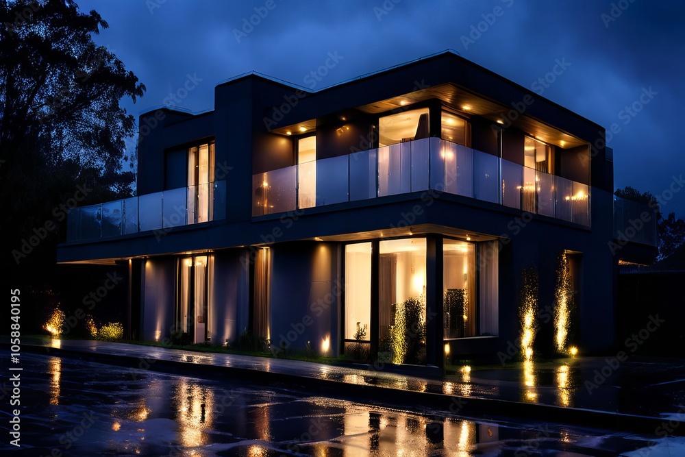floodlit facade a shot of the house with floodlights highlightin floodlit facade a shot of the house with floodlights highlightin