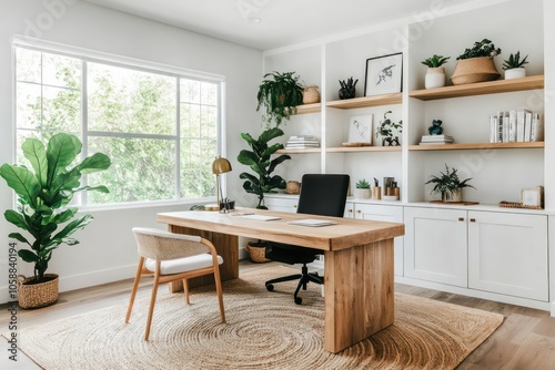 a calming Organic Modern home office that blends natural elements with sleek, minimalist design. The space should feature a neutral color palette with warm wood tones, white walls