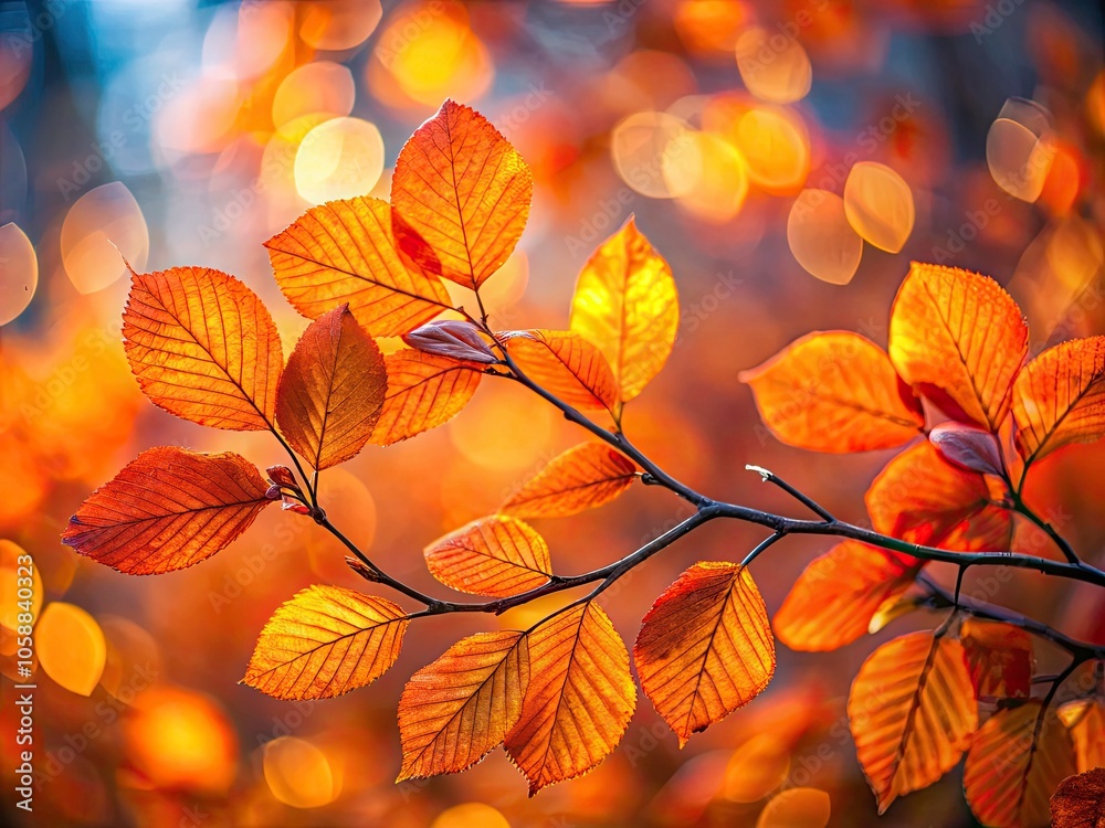 Fototapeta premium Autumn Branch with Glowing Orange Leaves for Nature Graphics and Artistic Backgrounds