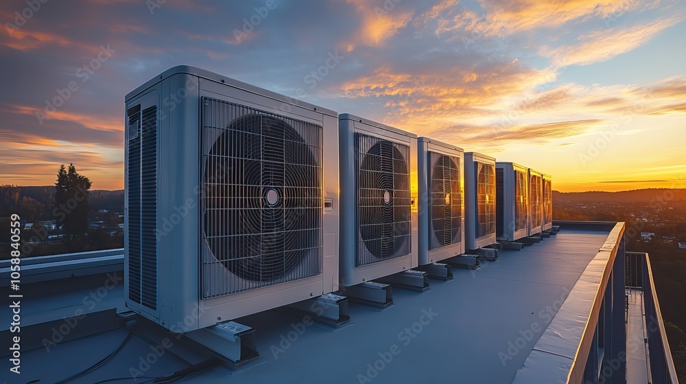 Rooftop AC unit installation captured against the sky at an industrial site Rooftop AC unit installation captured against the sky at an industrial site