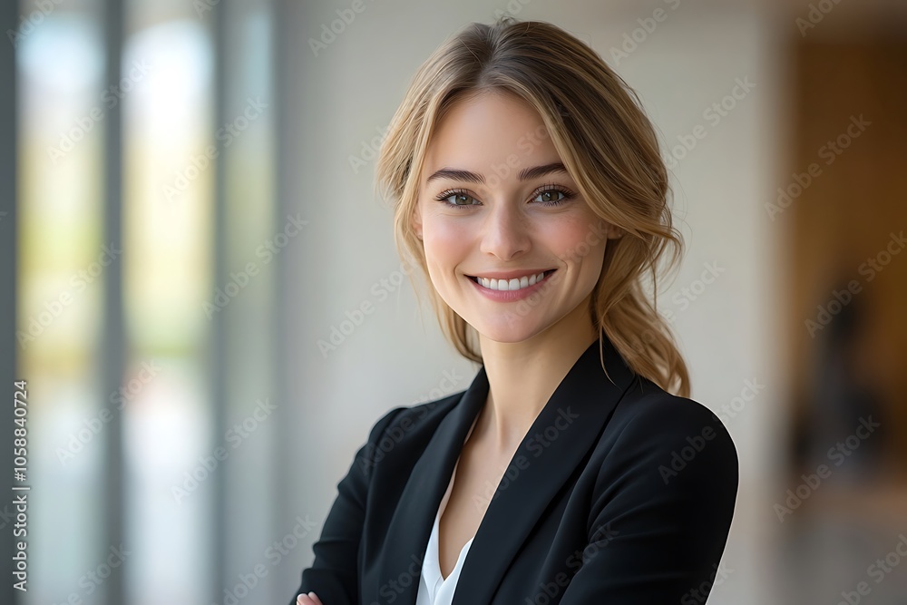 Smiling Businesswoman with Blonde Hair in Modern Office Smiling Businesswoman with Blonde Hair in Modern Office