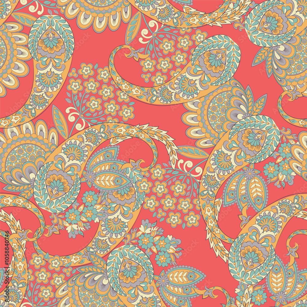 Fototapeta premium Madhubani, Kalamkari, Chinz, and Kani seamless pattern. Shirting fabric, Ajrakh and Ikat styles. Patola backdrop. Floral allover design