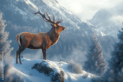 Wilder Hirsch in verschneiter Berglandschaft

 photo