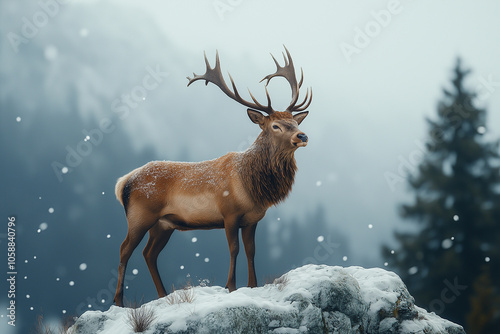 Wilder Hirsch in verschneiter Berglandschaft

 photo