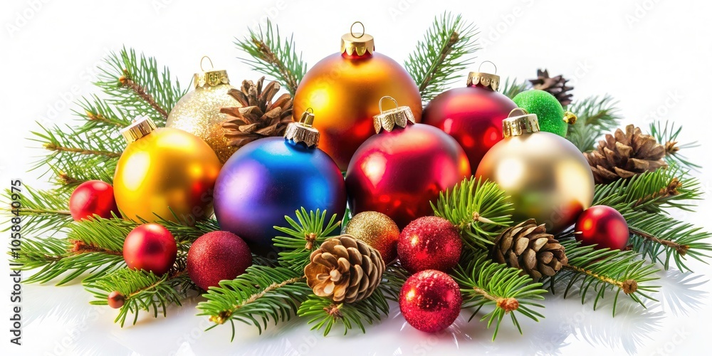 Beautiful Christmas Ornaments and Pine Branches on a White Background - Festive Holiday Decor, Seasonal Decorations, Elegant Pine Cones, and Sparkling Baubles for Christmas Celebrations Beautiful Christmas Ornaments and Pine Branches on a White Background - Festive Holiday Decor, Seasonal Decorations, Elegant Pine Cones, and Sparkling Baubles for Christmas Celebrations