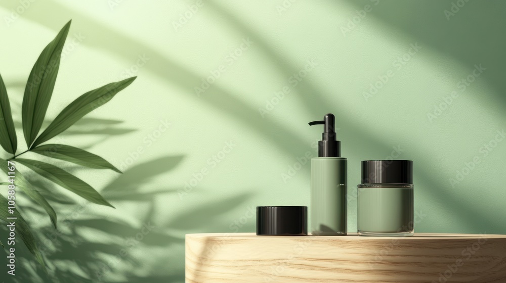 Green Beauty Products on Wooden Shelf Green Beauty Products on Wooden Shelf
