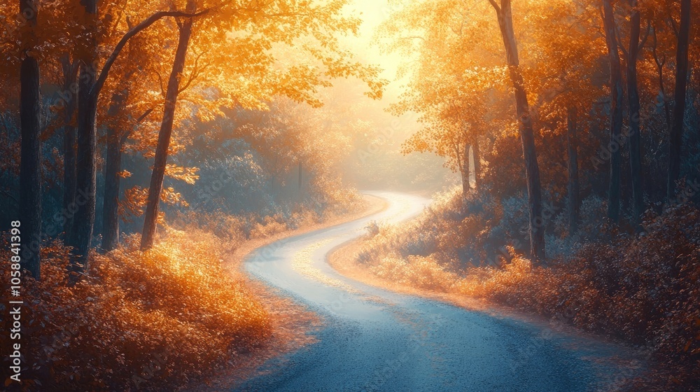 Winding road meanders through a misty forest, illuminated by soft evening or morning light. This winding road creates a serene atmosphere for an autumn journey or romantic concept. Ample copy space. Winding road meanders through a misty forest, illuminated by soft evening or morning light. This winding road creates a serene atmosphere for an autumn journey or romantic concept. Ample copy space.