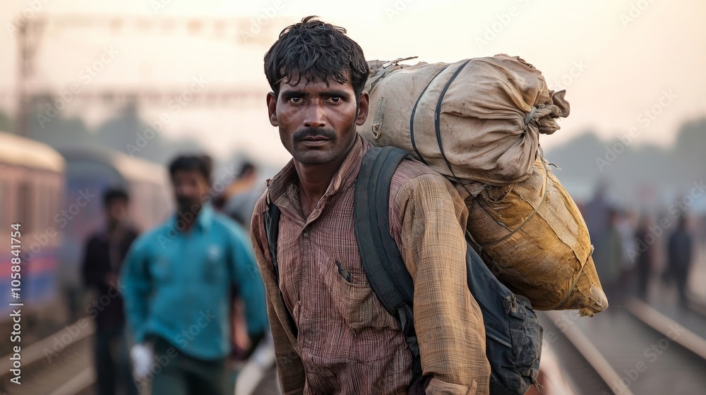 A migrant worker crossing a border with minimal belongings, seeking employment in another country A migrant worker crossing a border with minimal belongings, seeking employment in another country
