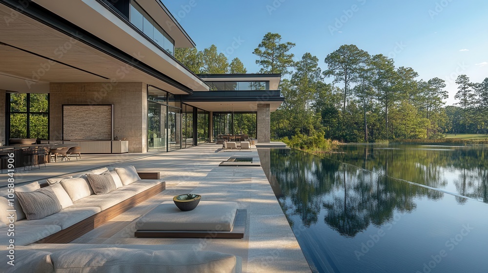 Fototapeta premium luxurious modern house with expansive glass walls, overlooking a tranquil lake surrounded by greenery, capturing the essence of elegance and comfort in nature