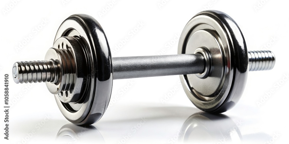 Black Dumbbell with Chrome-Plated Bar Isolated on White Background - Fitness Equipment, Home Gym, Weightlifting Gear, Exercise, Strength Training, Sports
