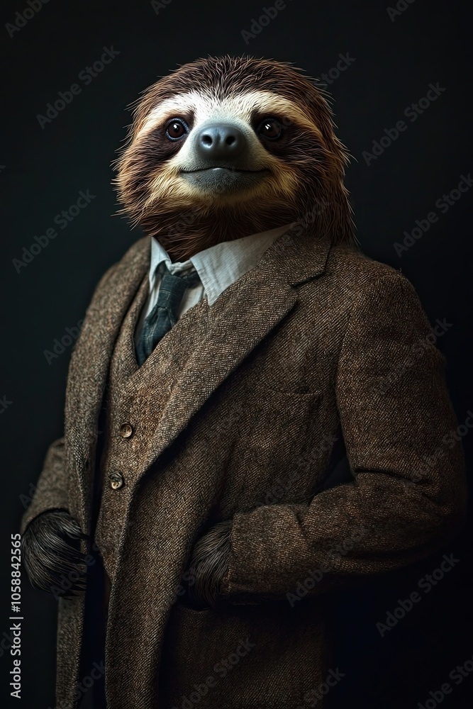 Fototapeta premium sloth in a suit on a plain background. strong emotions. different tones. on a black background. 