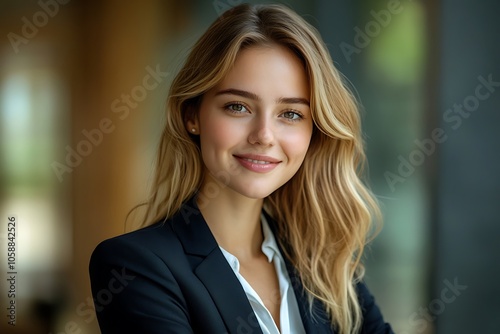 Smiling Businesswoman with Green Eyes - Headshot in Office Setting