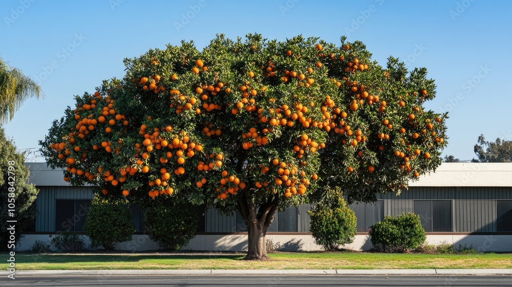 Naklejka premium Large orange tree with vibrant fruit stands prominently in front of a building, creating a picturesque scene ideal for nature and architecture photography, with ample copy space.