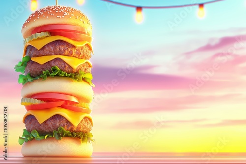 A delicious stacked burger with cheese, lettuce, and tomato against a vibrant sunset background. photo