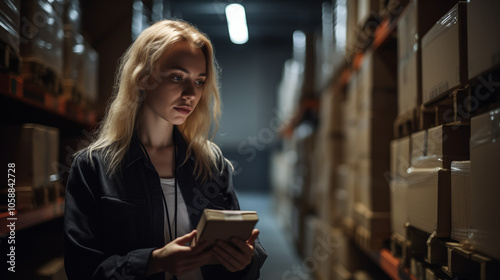 Frau im Lager sieht auf ihr Handy während der Arbeit

 photo