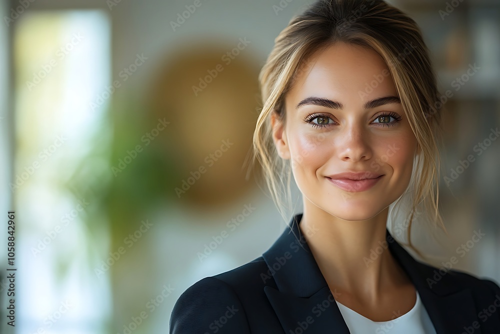 Smiling Businesswoman with Green Eyes in Office Blazer Smiling Businesswoman with Green Eyes in Office Blazer