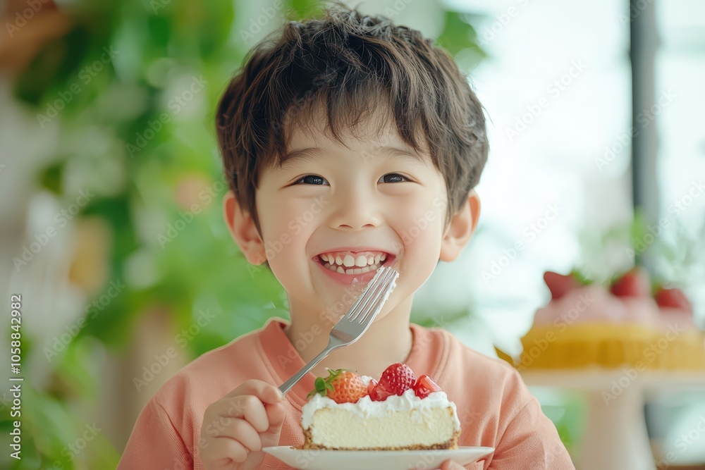 A joyful child enjoying a slice of cake, surrounded by vibrant greenery and delicious desserts. A joyful child enjoying a slice of cake, surrounded by vibrant greenery and delicious desserts.