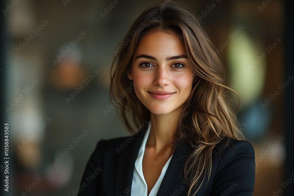 Smiling Businesswoman with Long Brown Hair and Black Blazer Portrait Smiling Businesswoman with Long Brown Hair and Black Blazer Portrait