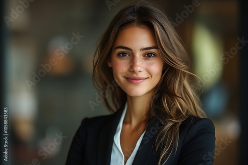 Smiling Businesswoman with Long Brown Hair and Black Blazer Portrait