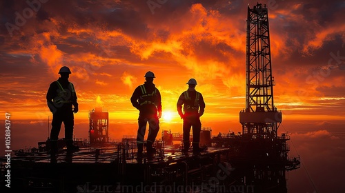 Silhouette of oil workers on rig at sunrise, symbolizing the hard work of the energy industry