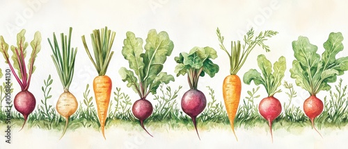 A vibrant display of assorted root vegetables on a light background, highlighting natural colors and textures.