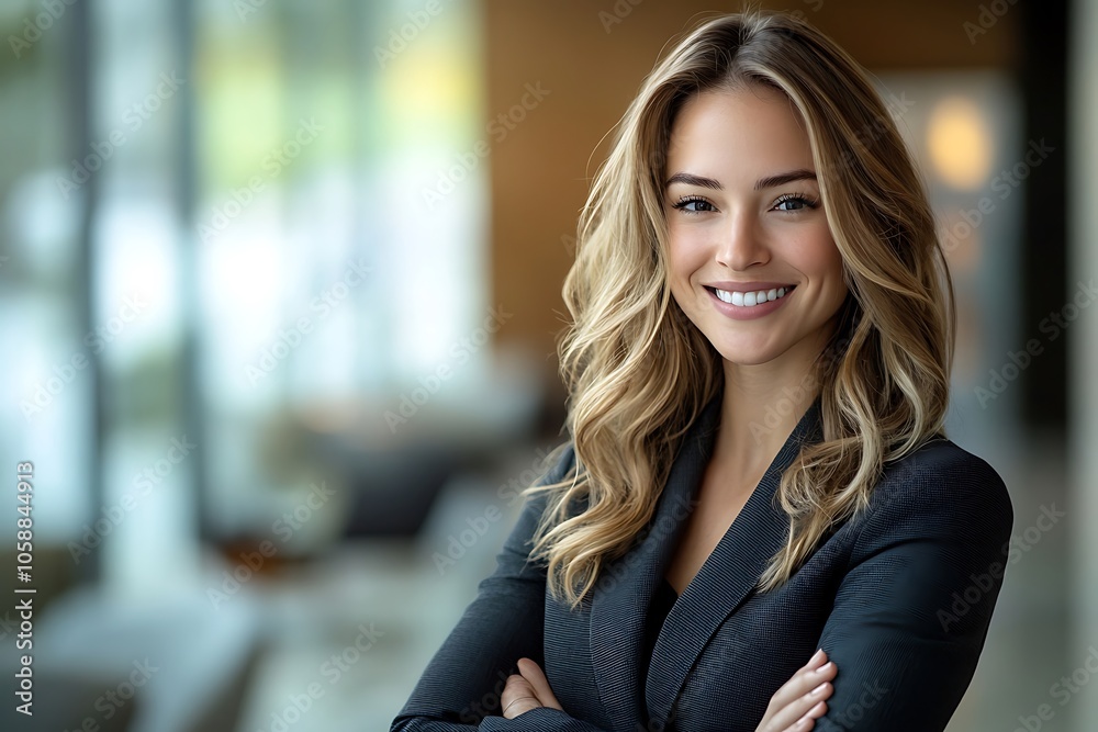 Smiling Businesswoman with Long Hair in a Modern Office Smiling Businesswoman with Long Hair in a Modern Office
