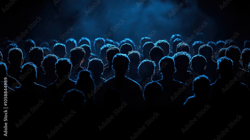 Obraz premium Silhouettes of crowd glowing in the dark, illuminated by dim light against black background
