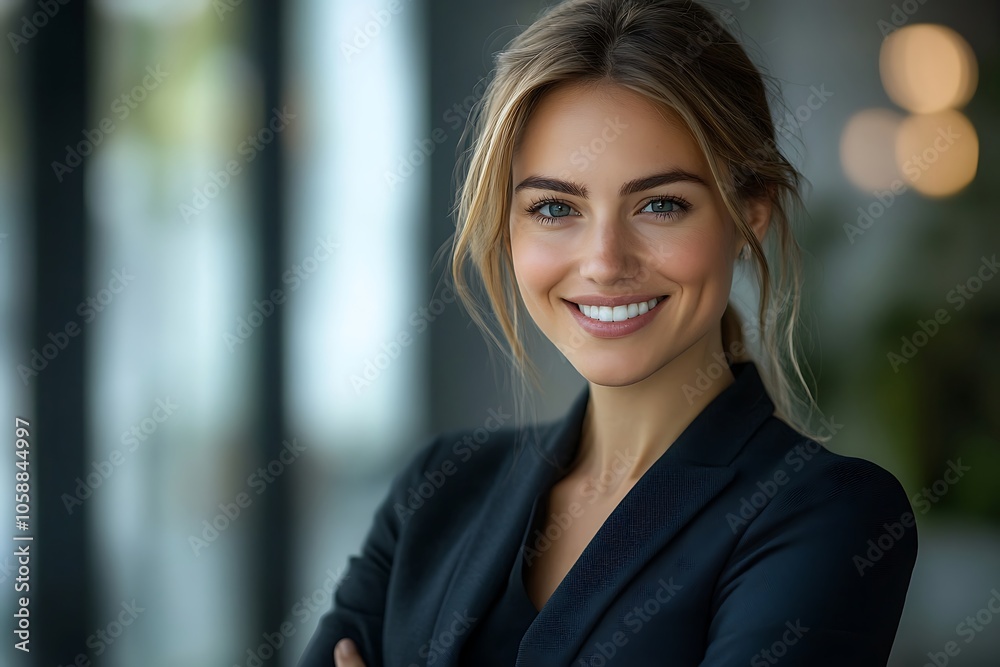 Smiling Businesswoman with Long Hair in Black Suit - Powerful and Confident Smiling Businesswoman with Long Hair in Black Suit - Powerful and Confident