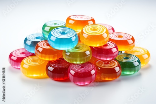 A pile of colorful round candies on a white background. photo