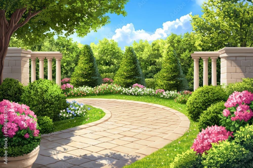 Obraz premium Beautiful garden pathway lined with vibrant flowers and lush greenery under a bright blue sky.