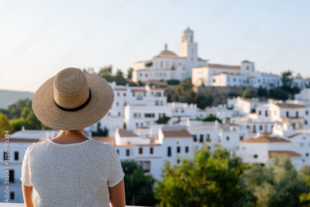 Fototapeta premium A woman in a sun hat looks out over a charming village with white buildings and a distant church, enveloped in a serene morning light.