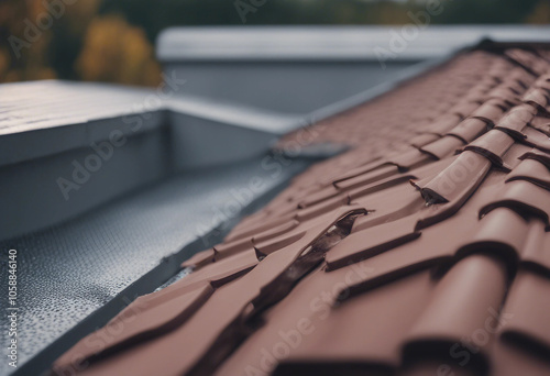 The roof of a private building is blank covered with a polymer storm drainage system with a gutter